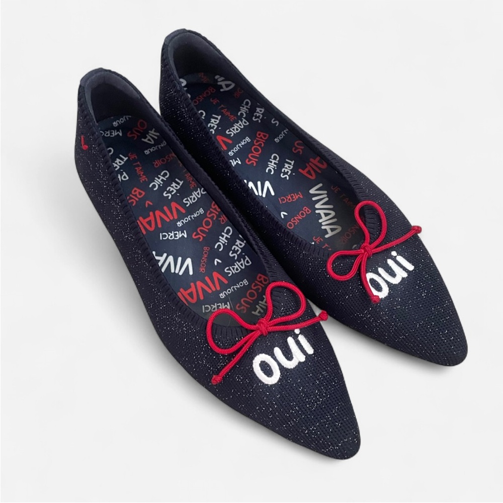 Vivaia Aria 5 French-Themed Oui Bow Special Edition Flats Navy Glitter US 10 - Picture 2 of 4